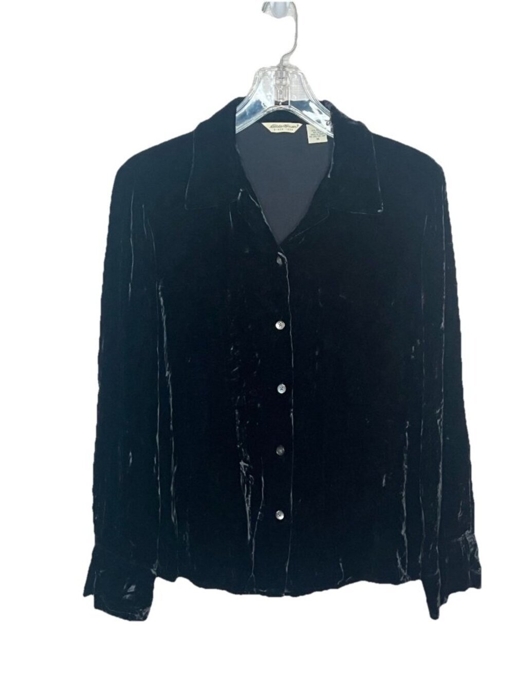 Eddie Bauer Black Silk Velvet Button Front Blouse M Collared Long Sleeve Goth